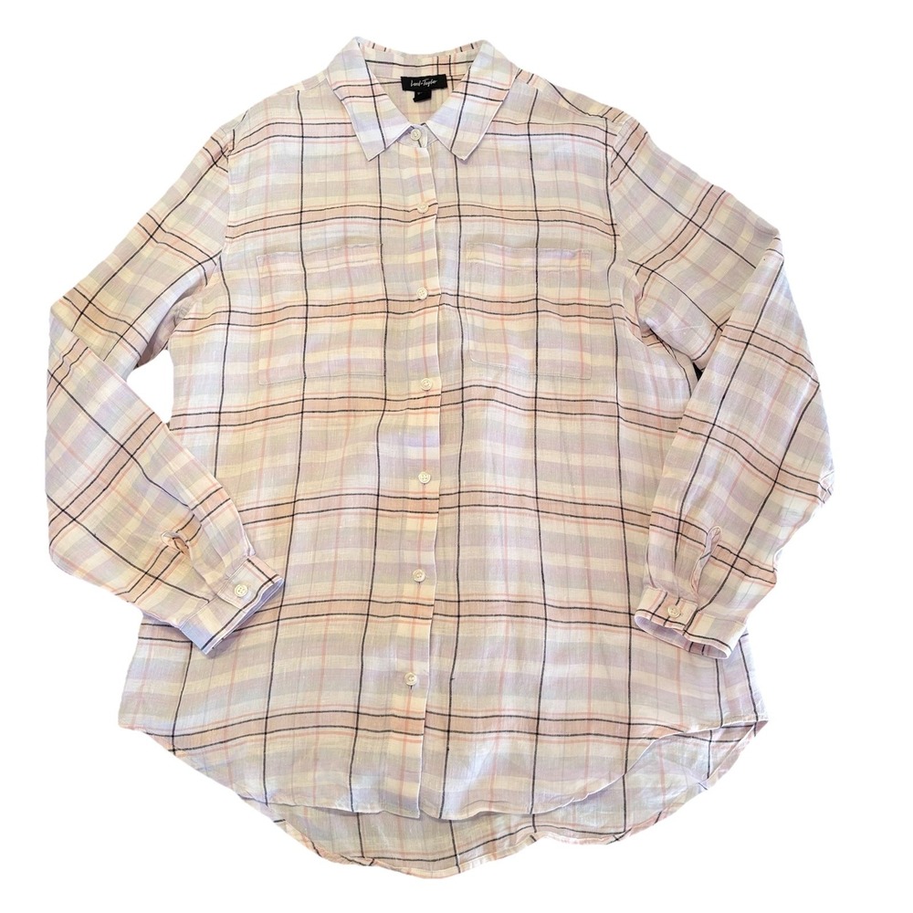 100% Linen Button Up Top Womens Large Coastal Resort Beach Plaid Breathable